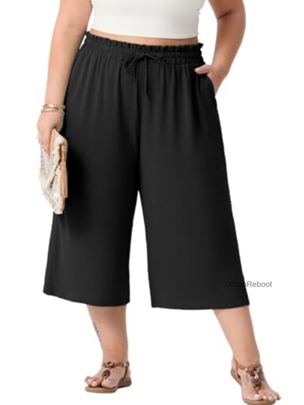 Plus Size Capris Wide Leg High Waist Drawstring Casual Trousers with Pockets